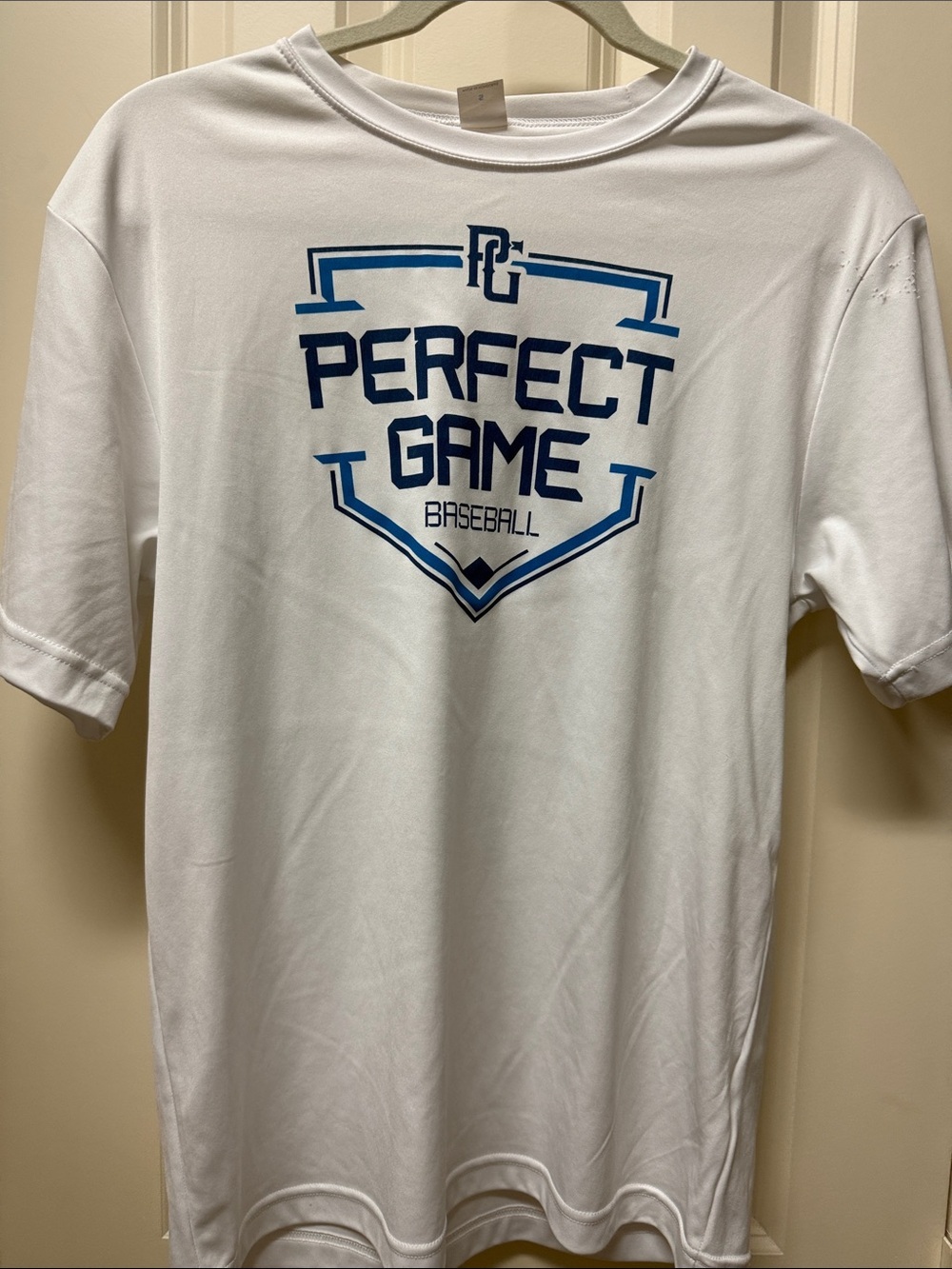 PERFECT GAME Baseball White T-Shirt with Blue Log- small